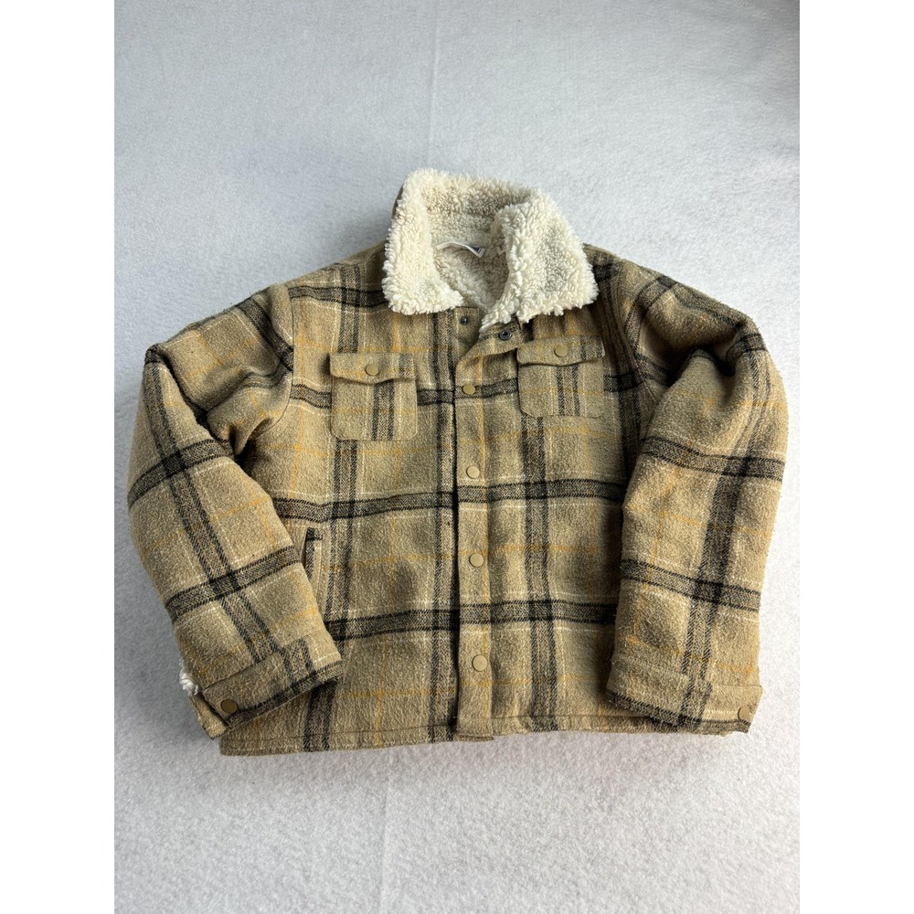 Kith Jacket Kids 7 Beige Plaid Sherpa Lined Shacket Faux Fur Collar Logo Back